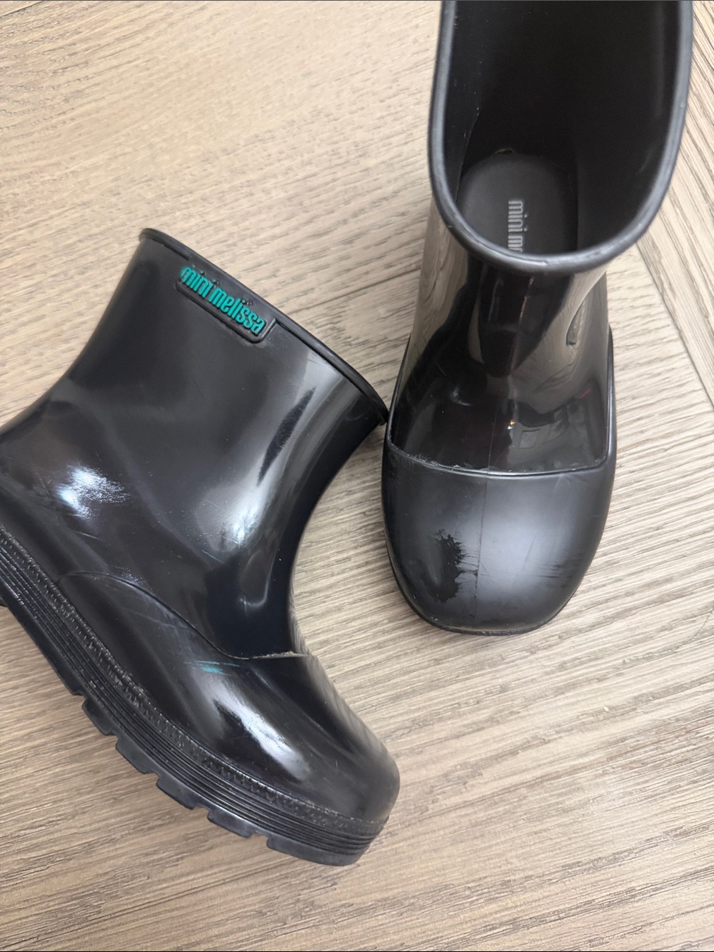 Mini Melissa Black Kids Rain Boots with Teal Logo Accent